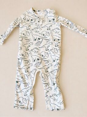 Angel Dear Dinosaur Print One-Piece Romper - Cream with Green Dino Outline
